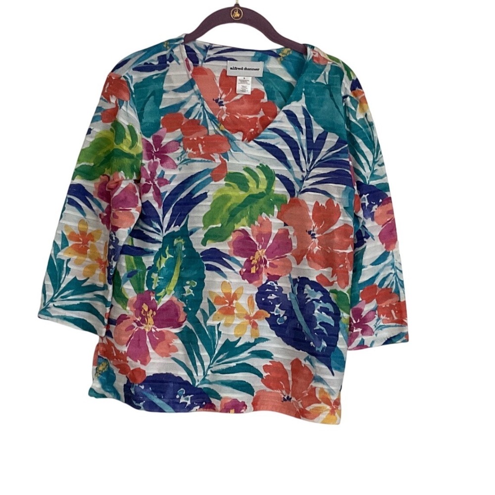 Alfred Dunner Womens Tropical Floral V-Neck Top 3/4 Sleeve Knit Small